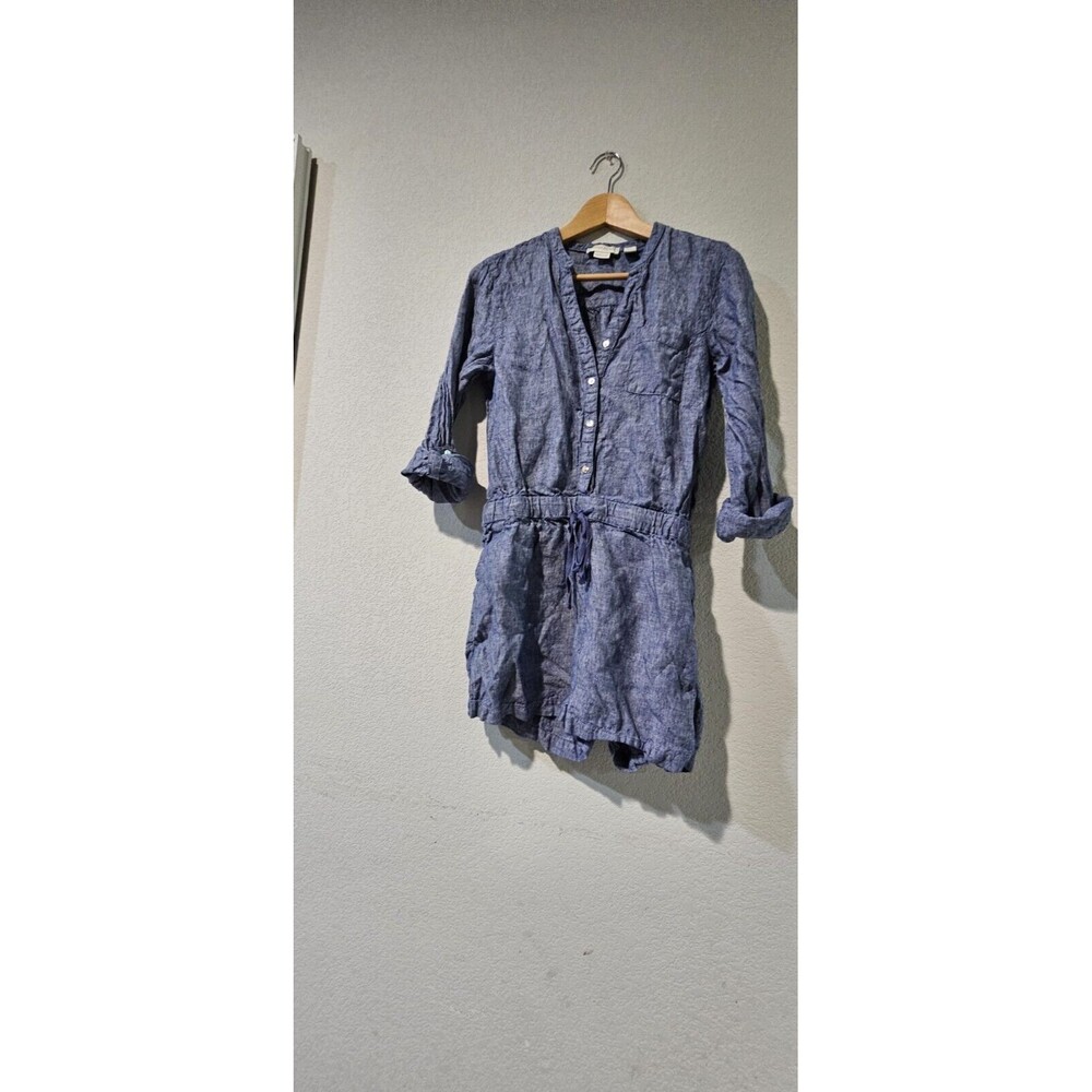 Cynthia Rowley Womens Small Blue Chambray Linen V-Neck Roll Tab Sleeves Romper